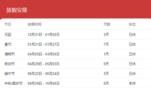 023年法定假日日历表